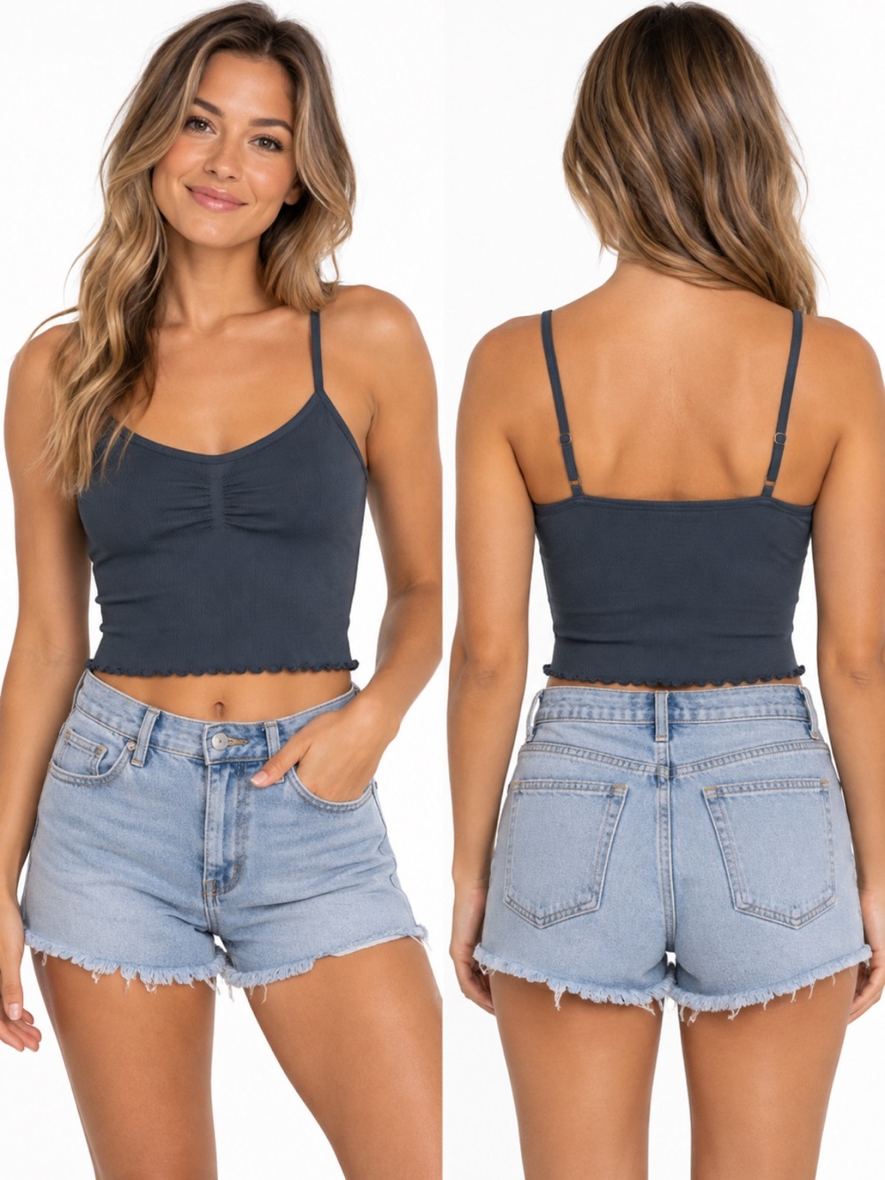 Spiritual Gangster Ribbed Ruched Cropped Cami Tank Top M/L Charcoal
